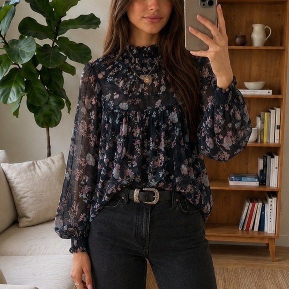 French Connection Floral Blouse Small Black Ruffle Neck Sheer Romantic Victorian